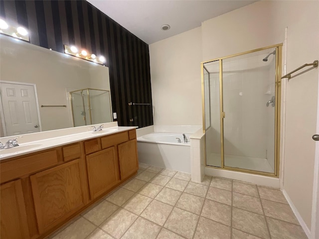 939 Clear Creek Dr, Mesquite, TX 75181 - full bath with a shower stall, a garden tub, double vanity, and wallpapered walls