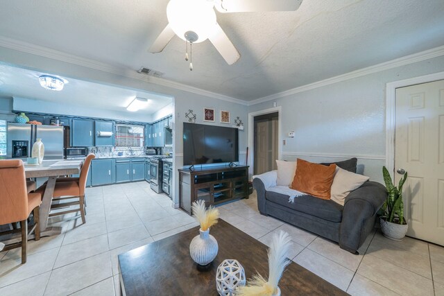 714 Macgregor Dr, Grand Prairie, TX 75050 - living room with light tile patterned floors, crown molding, and ceiling fan