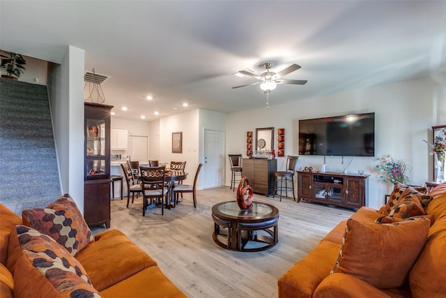 206 Marsh Ln, Princeton, TX 75407 - living area with a ceiling fan, light wood finished floors, stairs, and recessed lighting
