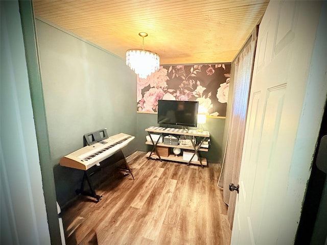 4124 Maryview Ct, Haltom City, TX 76117 - office space with wood ceiling, a chandelier, wood finished floors, and wallpapered walls