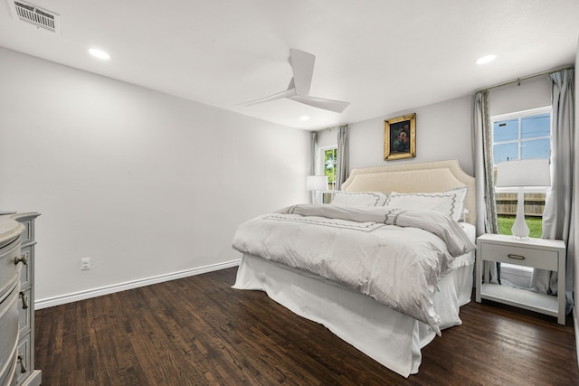 4903 Wateka Dr, Dallas, TX 75209 - bedroom with dark wood finished floors, recessed lighting, and a ceiling fan