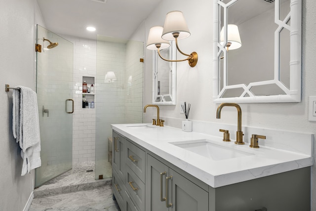 4903 Wateka Dr, Dallas, TX 75209 - full bathroom featuring double vanity, a stall shower, and marble finish floors