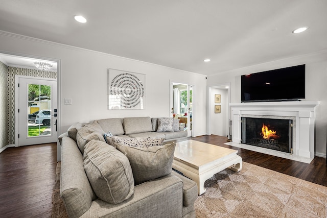 4903 Wateka Dr, Dallas, TX 75209 - living room featuring wood finished floors, crown molding, a fireplace, and recessed lighting