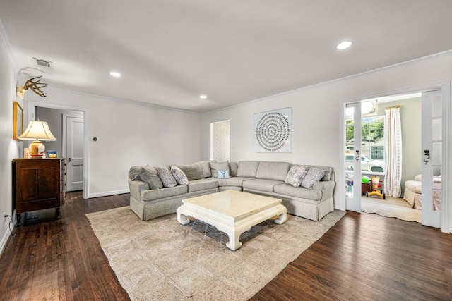 4903 Wateka Dr, Dallas, TX 75209 - living room featuring ornamental molding, dark wood-style flooring, and recessed lighting