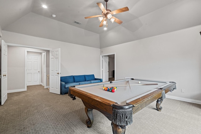 1904 Yarmouth Ct, Mansfield, TX 76063 - game room with carpet flooring, ceiling fan, recessed lighting, high vaulted ceiling, and pool table