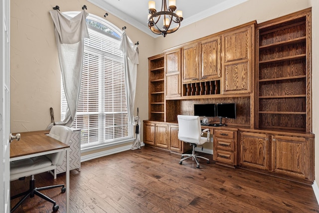 1904 Yarmouth Ct, Mansfield, TX 76063 - office space featuring crown molding, a chandelier, and dark wood-style flooring