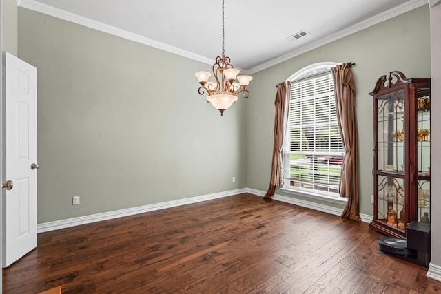1904 Yarmouth Ct, Mansfield, TX 76063 - spare room featuring a chandelier, plenty of natural light, dark wood-style floors, and ornamental molding