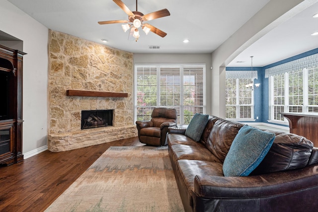 1904 Yarmouth Ct, Mansfield, TX 76063 - living room with wood finished floors, a ceiling fan, plenty of natural light, a fireplace, and recessed lighting