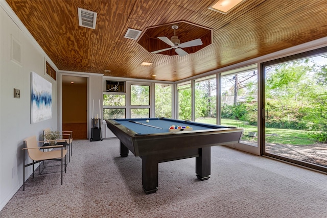 4818 Thunder Rd, Dallas, TX 75244 - playroom with a ceiling fan, carpet, pool table, and wooden ceiling