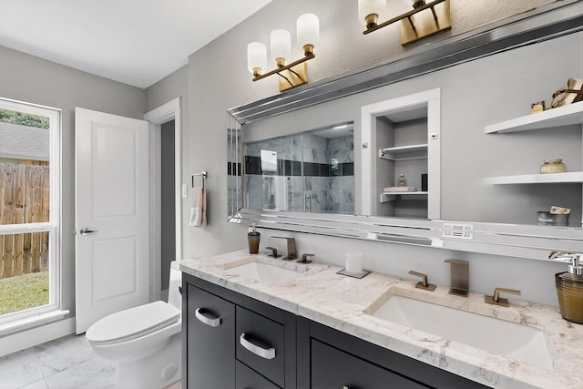 1521 Windsor Dr, Glenn Heights, TX 75154 - bathroom with marble look tiles, double vanity, and a shower with door