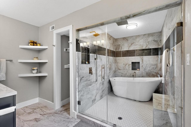 1521 Windsor Dr, Glenn Heights, TX 75154 - bathroom featuring a marble finish shower, a freestanding tub, vanity, and marble finish floors