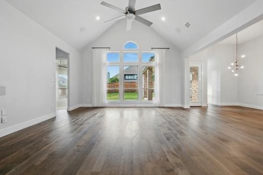 521 Winslow Ln, Prosper, TX 75078 - unfurnished living room featuring ceiling fan, high vaulted ceiling, and wood finished floors