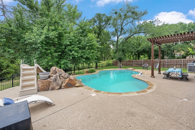 605 Pine Island Cir, Mansfield, TX 76063 - view of swimming pool featuring a pergola, a patio, a fenced backyard, and view of scattered trees
