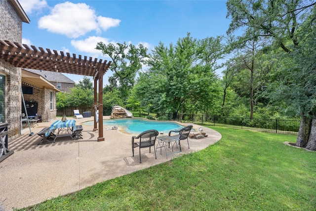 605 Pine Island Cir, Mansfield, TX 76063 - view of swimming pool featuring a pergola, a water slide, a fenced backyard, and a patio