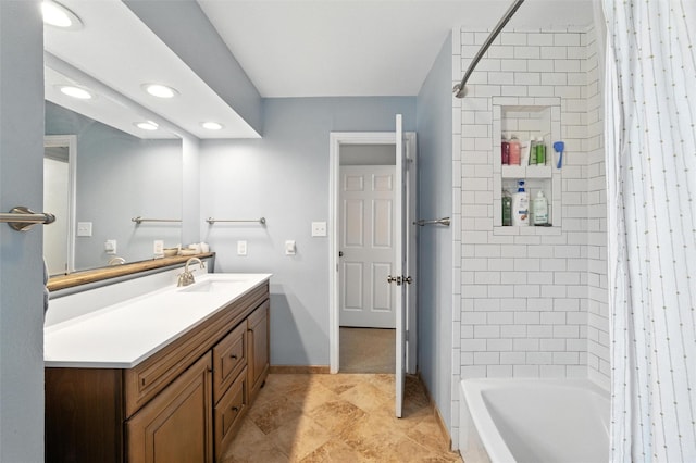 1105 Maree Dr, Waxahachie, TX 75165 - bathroom featuring vanity, shower / bath combination with curtain, and recessed lighting