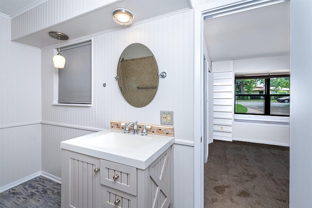 5912 Whitman Ave, Fort Worth, TX 76133 - bathroom with vanity, crown molding, and wainscoting