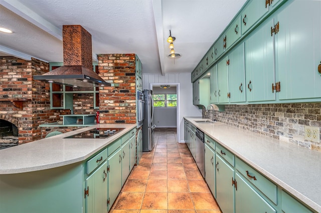 5912 Whitman Ave, Fort Worth, TX 76133 - kitchen featuring stainless steel appliances, backsplash, light countertops, island range hood, and a textured ceiling
