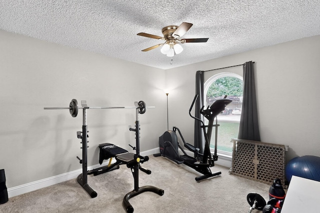 5700 Kingstree Ct, Arlington, TX 76017 - workout room featuring ceiling fan, carpet, and a textured ceiling