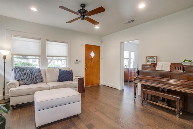 4711 Birchman Ave, Fort Worth, TX 76107 - living room with ceiling fan, dark wood finished floors, and recessed lighting
