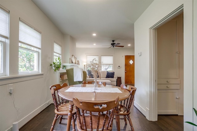 4711 Birchman Ave, Fort Worth, TX 76107 - dining area featuring dark wood-type flooring, a ceiling fan, and recessed lighting