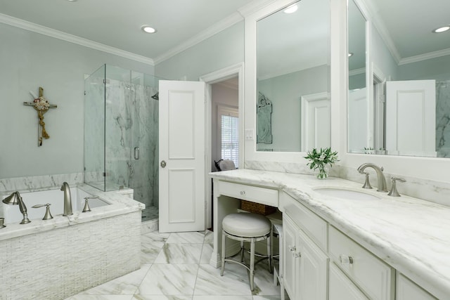 3817 Centenary Ave, University Park, TX 75225 - full bath featuring a marble finish shower, a garden tub, vanity, marble finish flooring, and ornamental molding