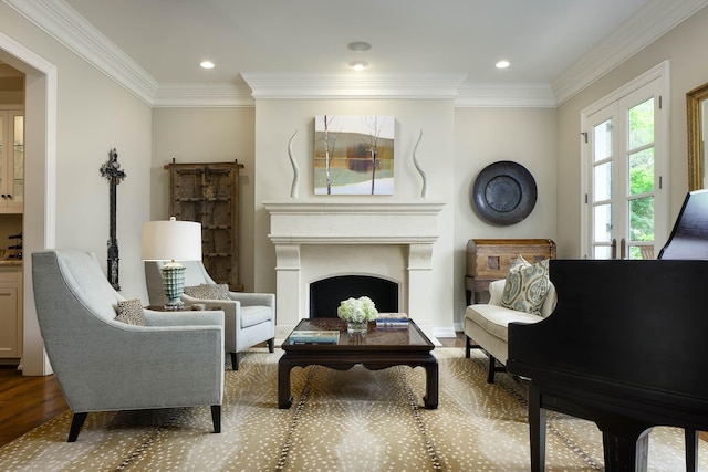 3817 Centenary Ave, University Park, TX 75225 - sitting room with wood finished floors, ornamental molding, a fireplace, and recessed lighting