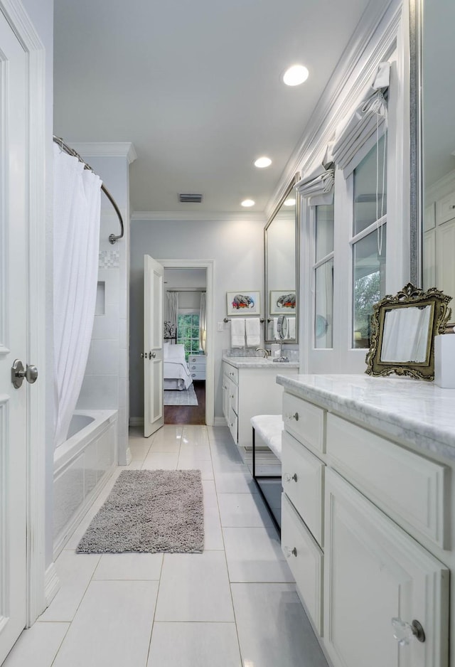 3817 Centenary Ave, University Park, TX 75225 - bathroom with connected bathroom, crown molding, tile patterned floors, shower / bath combo, and vanity