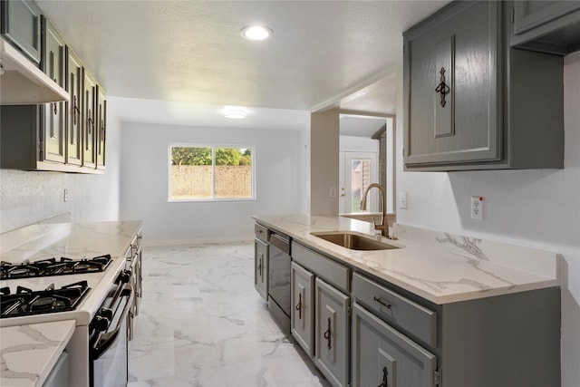 1007 Elk Grove Dr, Richardson, TX 75081 - kitchen with gray cabinets, dishwasher, extractor fan, light marble finish floors, and light stone countertops