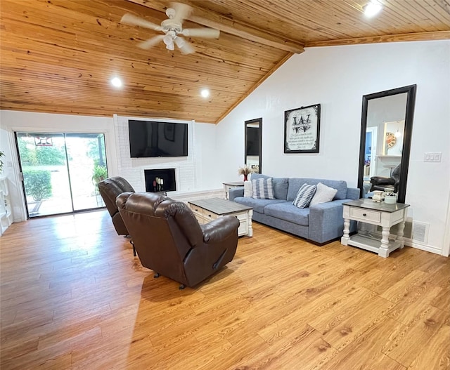 101 Branch St, Pittsburg, TX 75686 - living area featuring wooden ceiling, ceiling fan, light wood-type flooring, and a fireplace