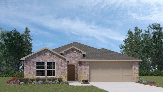 441 Drake Dr, Ferris, TX 75125 - view of front of home with driveway, a garage, brick siding, a front yard, and roof with shingles