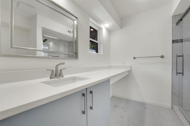 6910 Midcrest Dr, Dallas, TX 75254 - bathroom with marble finish floors, a shower stall, and vanity