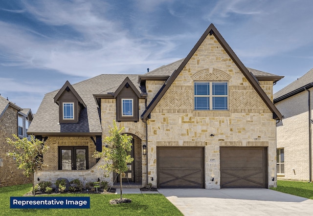 1403 Heron St, Mansfield, TX 76063 - french provincial home with stone siding, driveway, an attached garage, and roof with shingles
