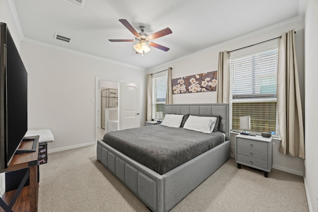 2025 Meliana Dr, Little Elm, TX 75068 - bedroom with ornamental molding, light carpet, a ceiling fan, and connected bathroom