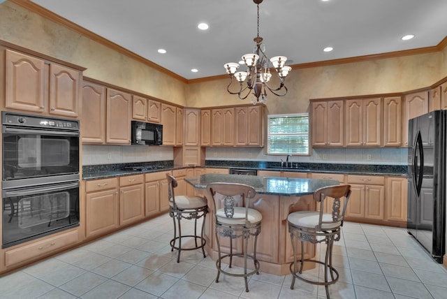 9664 Norris Ferry Rd, Shreveport, LA 71106 - kitchen featuring black appliances, light tile patterned floors, tasteful backsplash, crown molding, and a center island