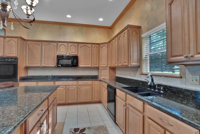 9664 Norris Ferry Rd, Shreveport, LA 71106 - kitchen with black appliances, ornamental molding, decorative backsplash, dark stone countertops, and light tile patterned flooring