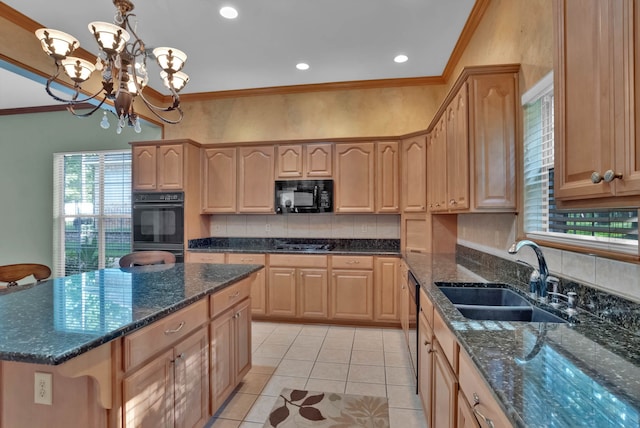 9664 Norris Ferry Rd, Shreveport, LA 71106 - kitchen with black appliances, tasteful backsplash, crown molding, light tile patterned floors, and dark stone counters