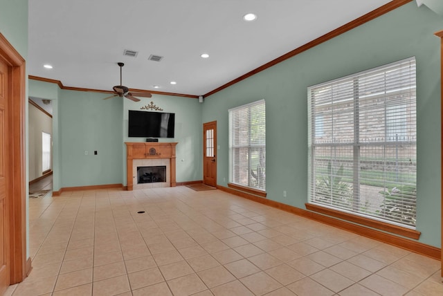 9664 Norris Ferry Rd, Shreveport, LA 71106 - unfurnished living room featuring crown molding, a ceiling fan, a tile fireplace, recessed lighting, and light tile patterned flooring