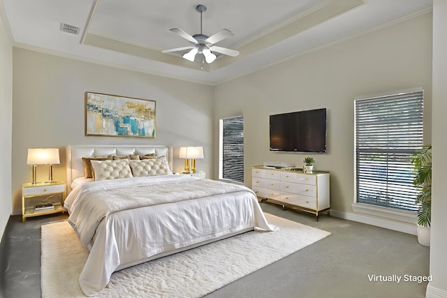 9664 Norris Ferry Rd, Shreveport, LA 71106 - carpeted bedroom featuring ornamental molding, a raised ceiling, and a ceiling fan