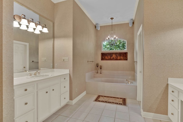 9664 Norris Ferry Rd, Shreveport, LA 71106 - bathroom featuring vanity, a chandelier, a garden tub, tile patterned floors, and ornamental molding