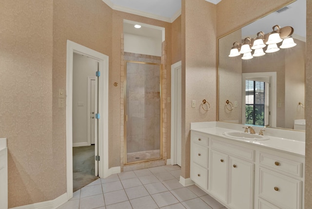 9664 Norris Ferry Rd, Shreveport, LA 71106 - full bath with a shower stall, tile patterned flooring, vanity, and crown molding