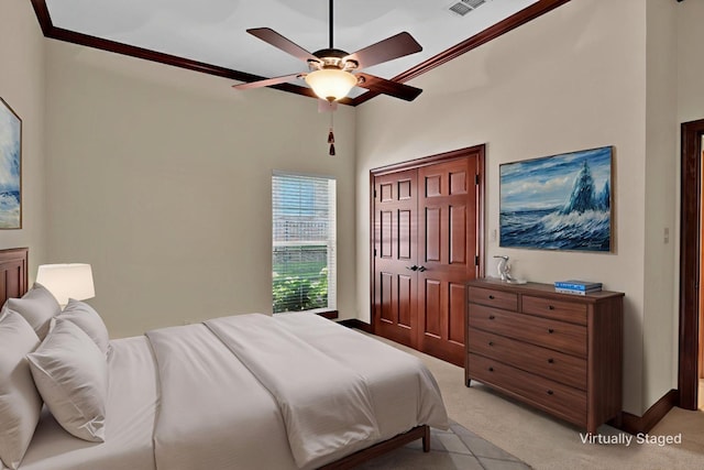 9664 Norris Ferry Rd, Shreveport, LA 71106 - bedroom with light carpet, ornamental molding, and ceiling fan