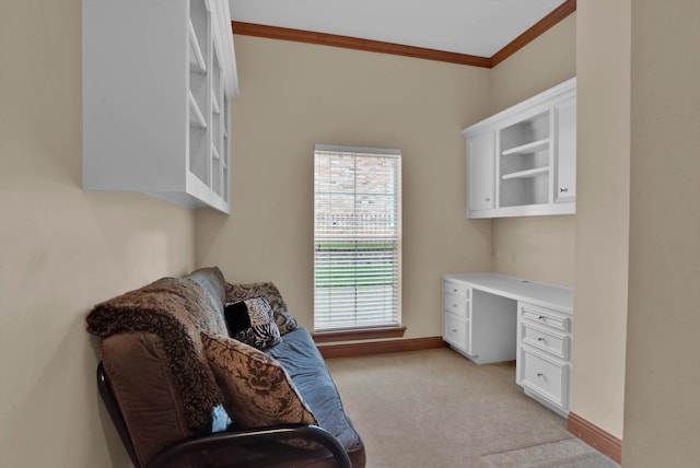 9664 Norris Ferry Rd, Shreveport, LA 71106 - home office featuring built in desk, light carpet, and ornamental molding