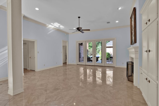 9664 Norris Ferry Rd, Shreveport, LA 71106 - unfurnished living room with a ceiling fan, crown molding, a fireplace, recessed lighting, and french doors