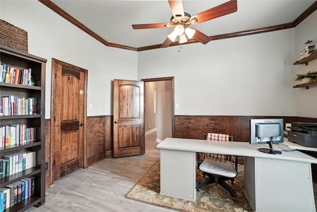 12022 Livingston Way, Talty, TX 75126 - office area featuring ornamental molding, wainscoting, a ceiling fan, light wood-style flooring, and wooden walls