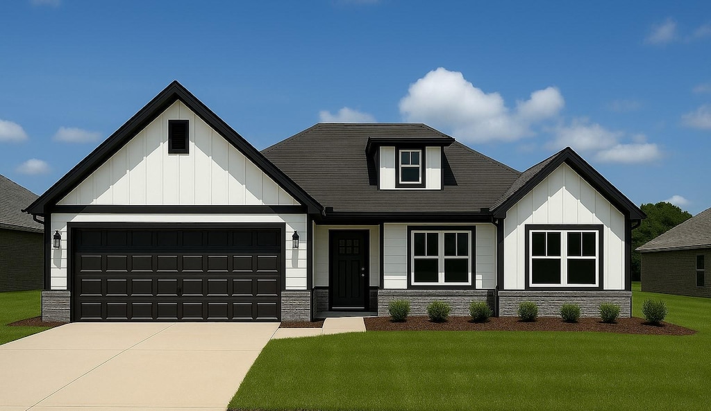 15077 High Country Acres Ln, Tyler, TX 75706 - modern farmhouse style home with board and batten siding, concrete driveway, a garage, and a front lawn