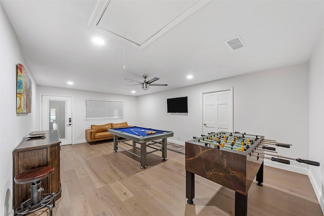 12211 Quincy Ln, Dallas, TX 75230 - recreation room featuring attic access, light wood finished floors, recessed lighting, pool table, and a ceiling fan