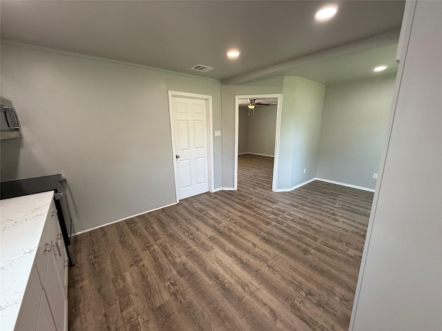 5506 Urbanview St, Sansom Park, TX 76114 - unfurnished dining area featuring dark wood-type flooring, recessed lighting, a ceiling fan, and ornamental molding