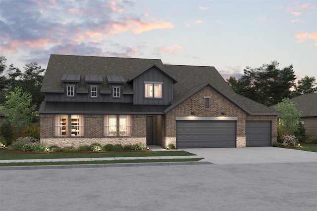 748 Emerald Hts, Lavon, TX 75166 - view of front facade featuring board and batten siding, driveway, an attached garage, brick siding, and a standing seam roof
