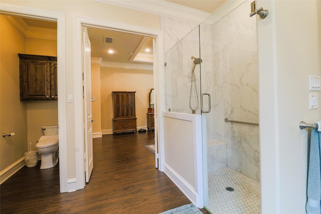 6923 Saint Anthony Dr, Tyler, TX 75703 - full bath featuring crown molding, a marble finish shower, wood finished floors, and recessed lighting