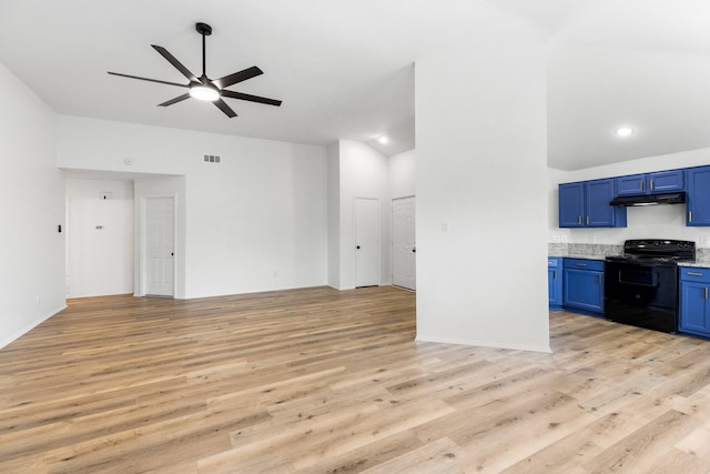 6325 Brookhaven Trl, Fort Worth, TX 76133 - unfurnished living room featuring ceiling fan, light wood-style flooring, vaulted ceiling, and recessed lighting